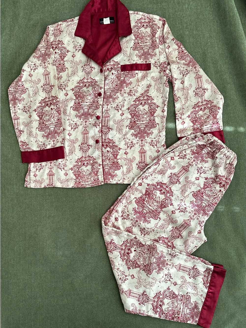 Robert Louis Silk Blend Pajama Set L Toile Baroque Burgundy Cream 2pc 75% Silk